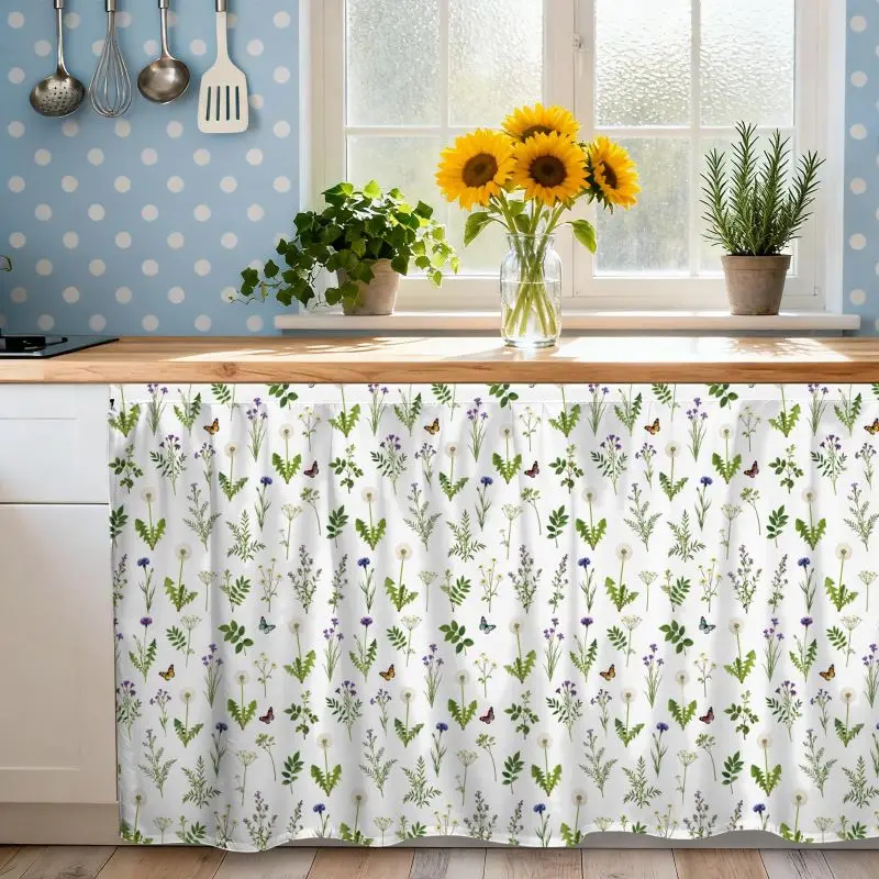 VIKAMA Watercolor Wildflower Butterfly Cabinet Curtain Farmhouse Under Sink Dust Cover Kitchen Counter Decor Short Curtain