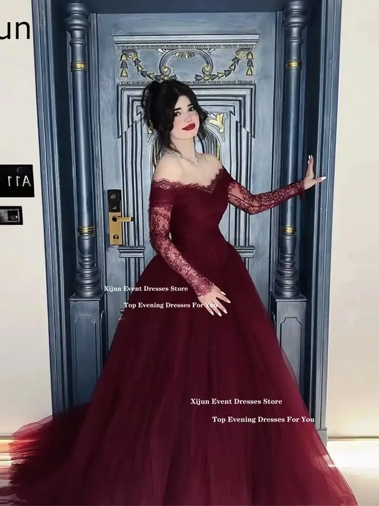Xijun Bordeaux Kant Lange Avondjurken Uit De Schouder A-lijn Formele Galajurk Sweetheart Luxe Dubai Galajurk Aangepast - afbeelding 2