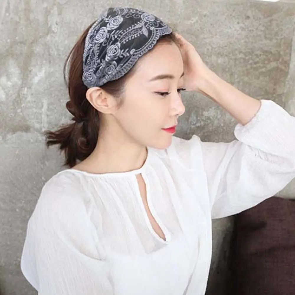 Non Slip Lace Flower Headband Transparent Hair Hoop Mesh Hollow Hairbands Korean Style Headwear Wide Side Head Wrap Wash Face