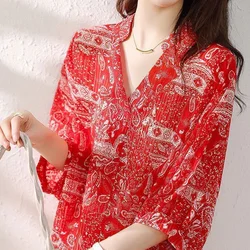 2024 New Summer Retro Loose Casual Aesthetic Office Lady Chinese Style Hollow Irregular Print V Neck Short Sleeve Chic Y2K Tops