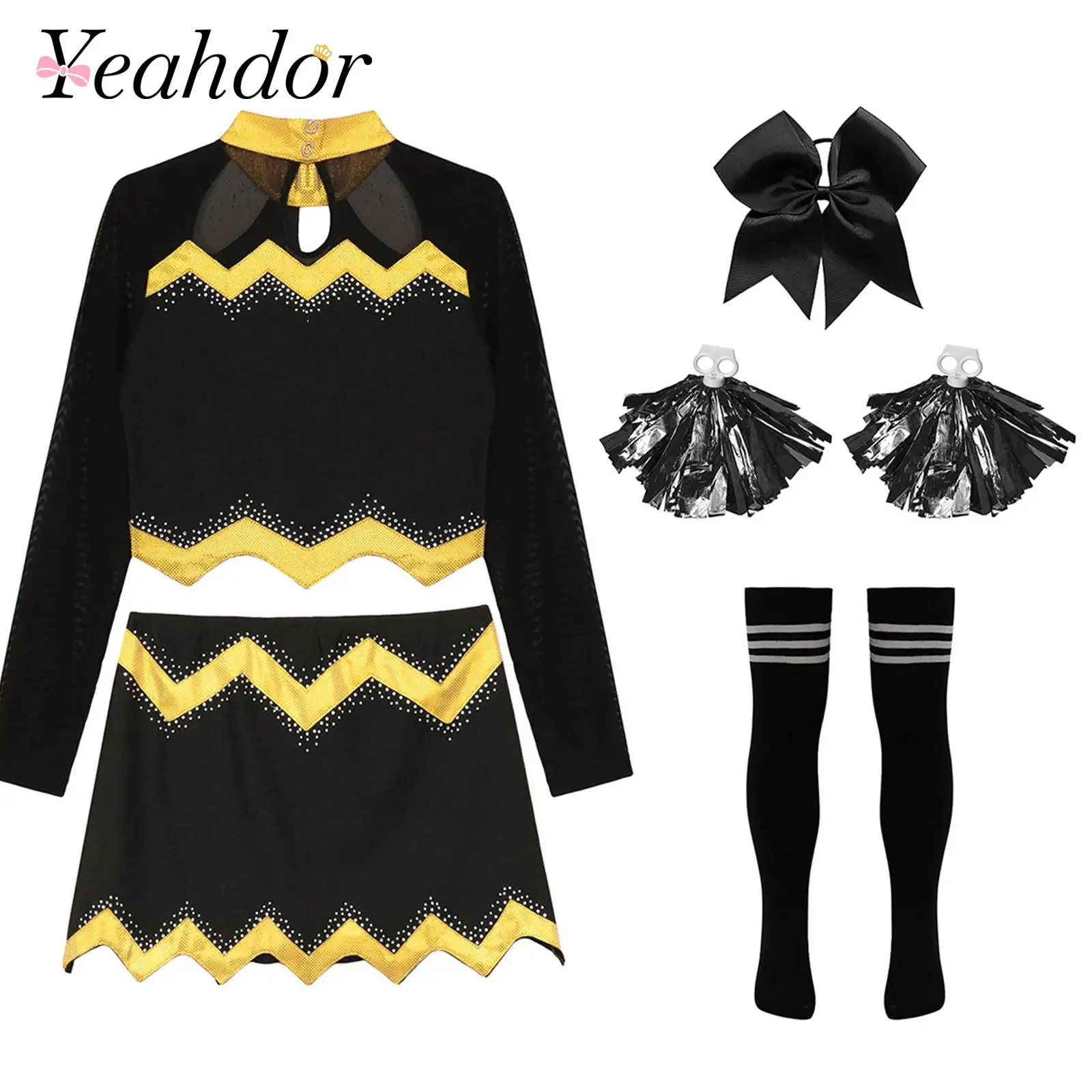 Kids Cheerleading Uniform Dress With Flower Balls Sets Children Cheering Team Dance OutfitsGirls Cheerleader Costumes Dancewear
