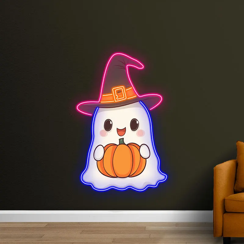 Cute Ghost with Pumpkin and Witch Hat Neon Light, LED Halloween Decor for Kids, Indoor Spooky Party, Home Fun Festive Light Sign