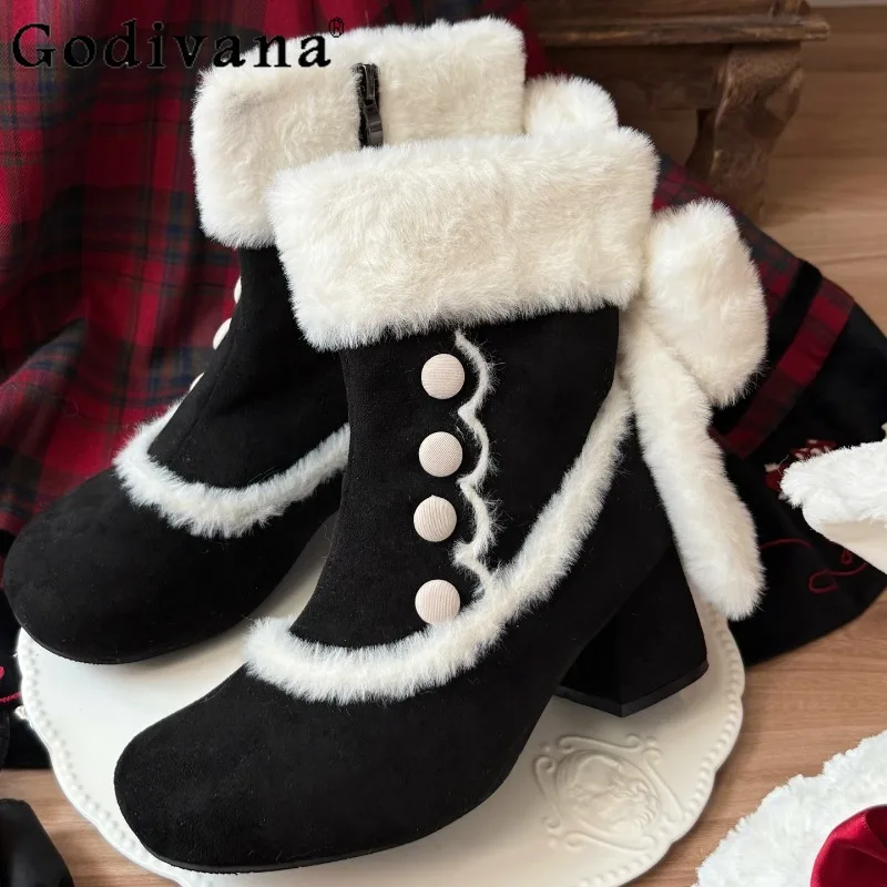 

Original Sweet Bow Mid Heel Elegant Shoes Women Lolita Short Round Toe Snow Boots Girls Chunky Heel Autumn Winter Boots