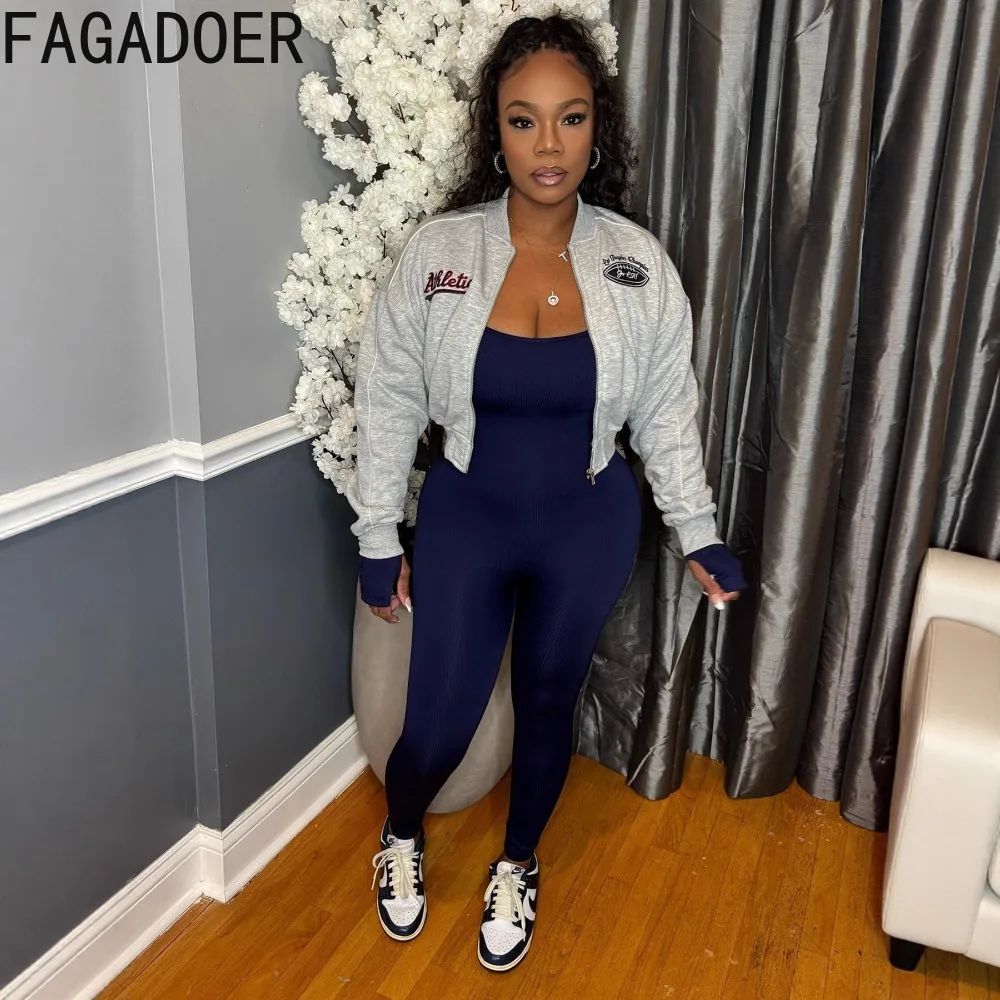 FAGADOER Y2k Fashion Letter Embroidery Bodycon Jacket Woman Moto Long Sleeve Zipper Jacket Female Streetwear Clothing 2025 New
