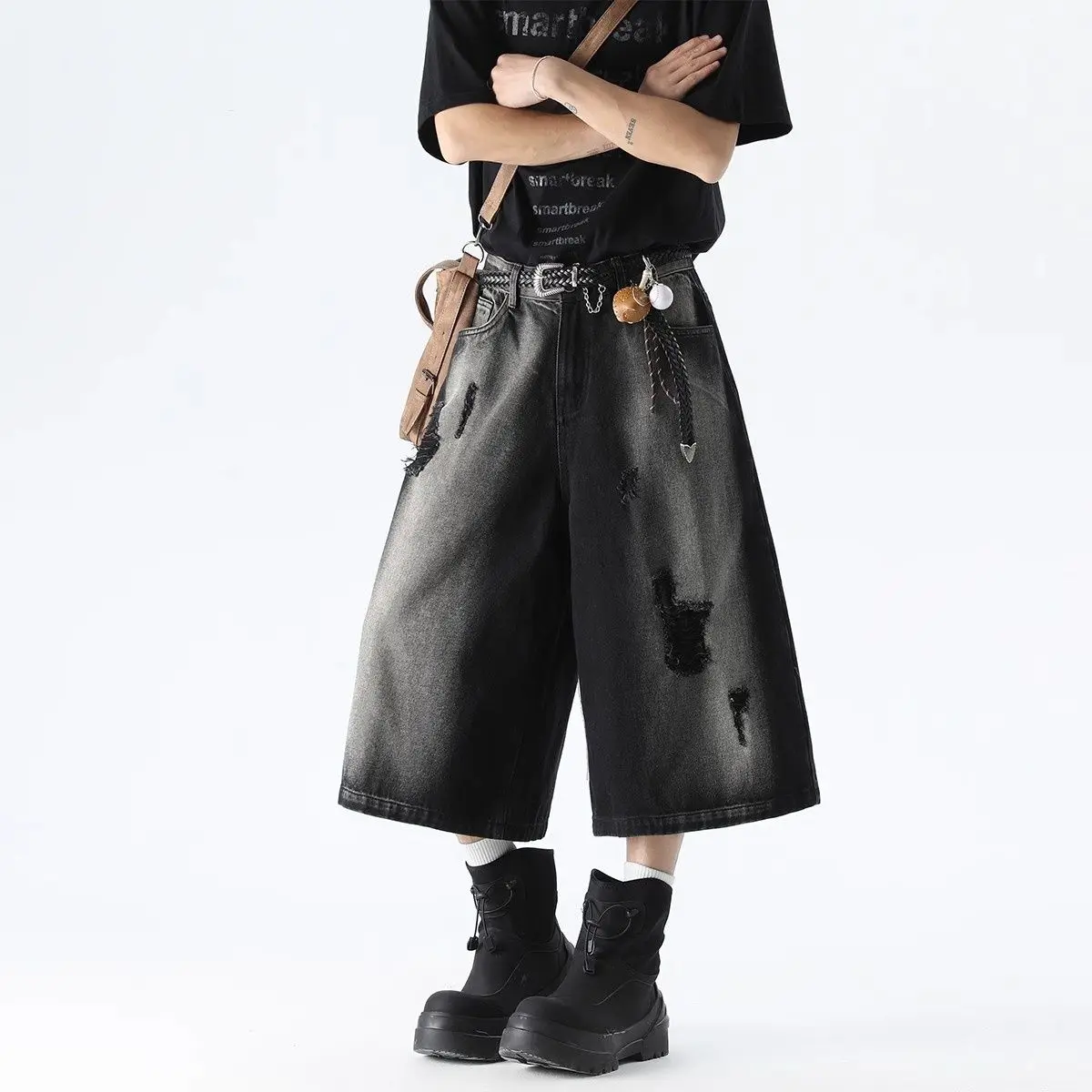 Calças Curtas Jeans American Washed Over Knee Seven-Five Unissex, Estilo Hip Hop, Perna Larga, Verão, Street Style, Workwear