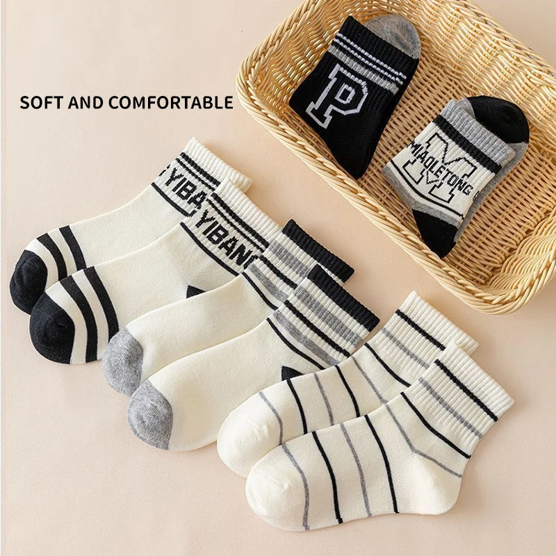 5 Pairs High Quility Letter Kids Boys Sports Socks Cotton Combed Comfortable Soft Sweat Absorbing Elastic Mid-calf Children Sock image 3