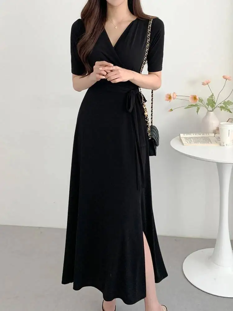 المرأة أنيقة مكتب فستان طويل الصيف مثير الخامس الرقبة قصيرة الأكمام عالية الخصر ضمادة فساتين السيدات الصلبة عادية الكورية رداء طويل