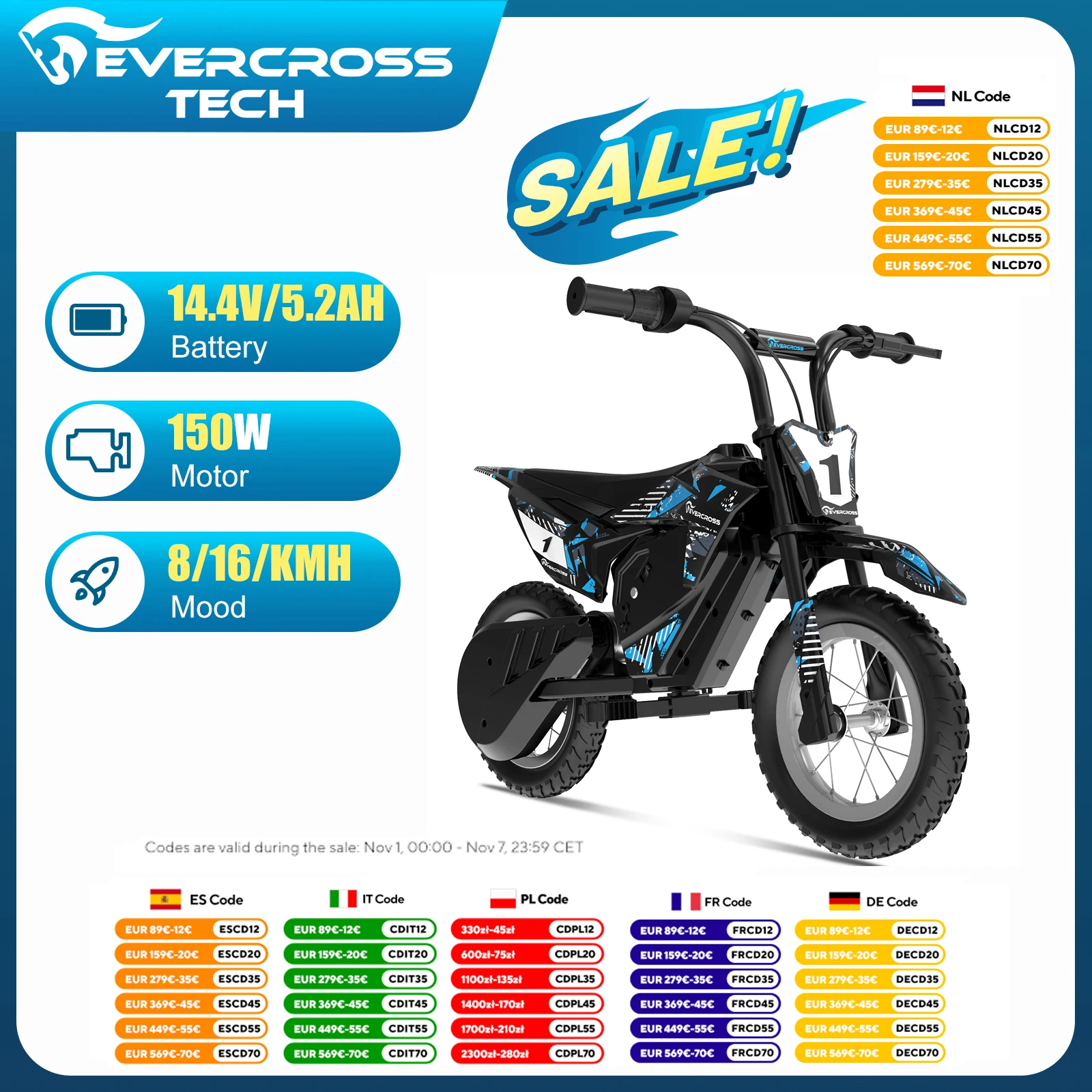 Evercross Tech Azul -Moto Eléctrica De Ev13m-Children, 150W, 2 Velocidades (8/16 Km/H), Autonomía De 12 Km, Neumáticos Todoterreno De 12"