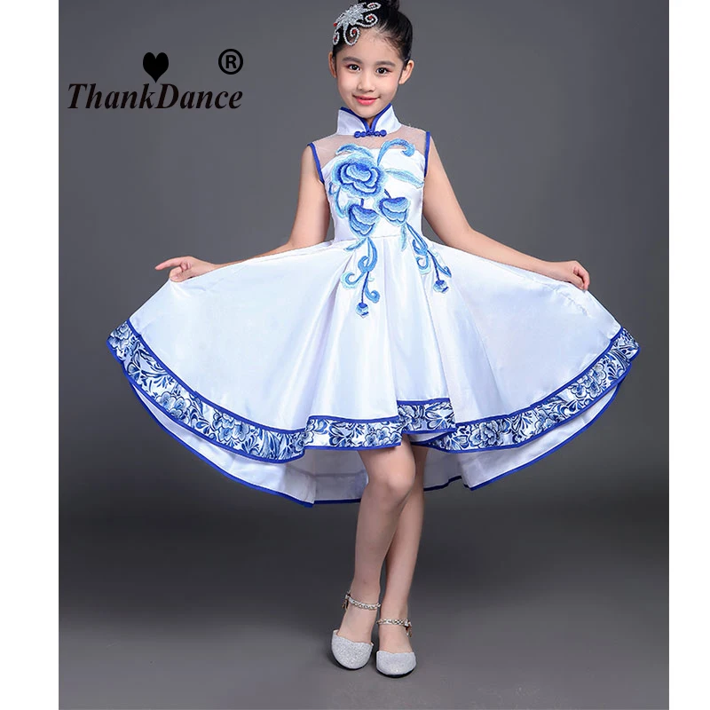 Kinder Jazz Tanz Latin Dance Mädchen Kleid Show Kostüm Junge chinesischen Stil blau und weiß Porzellan Guzheng Kostüm Set