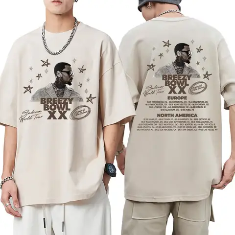랩퍼 크리스 브라운 Breezy Bowl XX 투어 티셔츠 힙합 남성 여성 패션 오 넥 티셔츠 오버 사이즈 코튼 캐주얼 티셔츠 streetwear