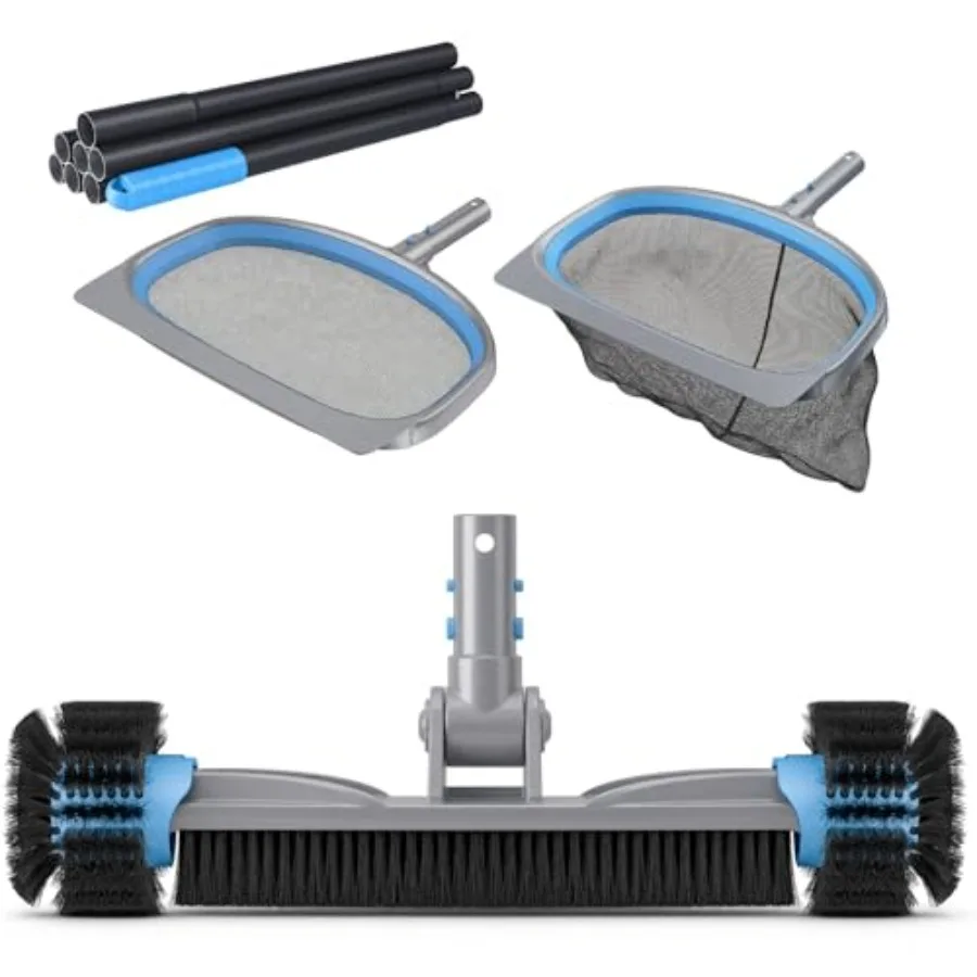 Kit de Limpieza de Piscinas 4 en 1 de Lujo para Piscinas Enterradas y Elevadas con Cepillo Desmontable, Red de Recogida de Hojas Resistente y Fina