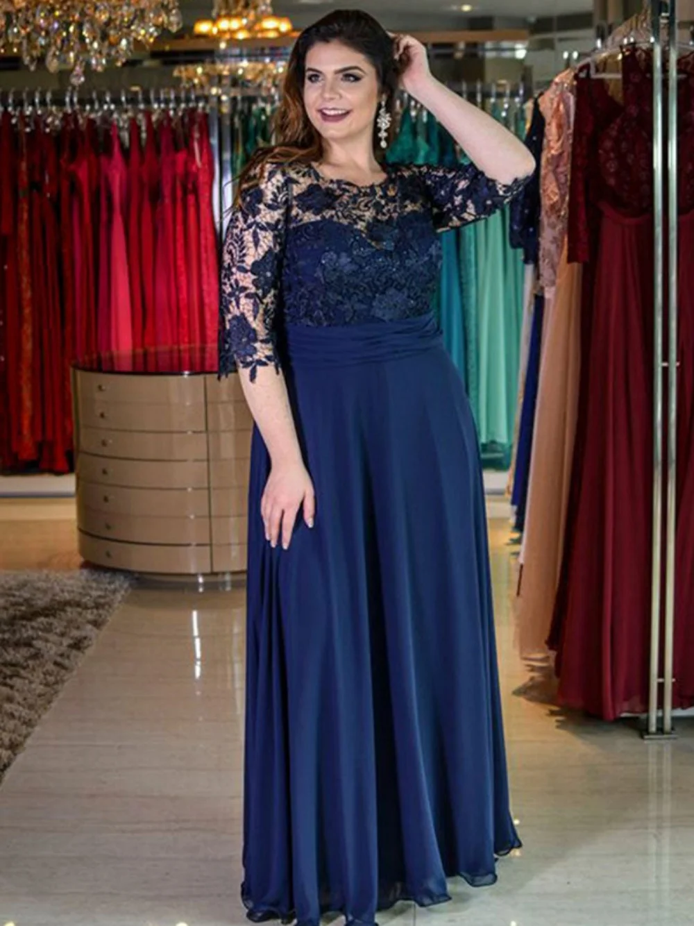 Dark Blue Mother Dress O-Neck Half Sleeves Lace Appliques Formal Evening Dress Floor-Length Chiffon Party Gown Bridesmaid Dress