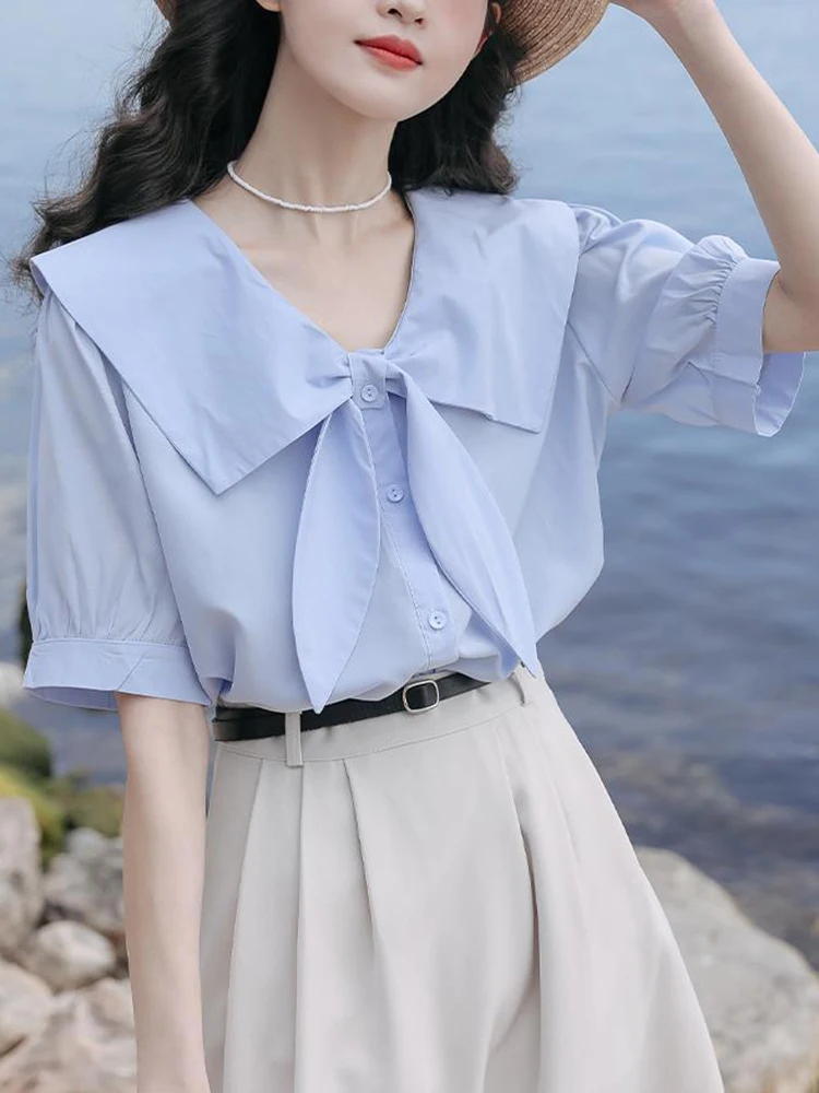 Zoki Sweet Bow Elegant Shirt Women Korean Loose Short Sleeve Blouse Casual Cute Peter Pan Collar Female Summer All Match Tops