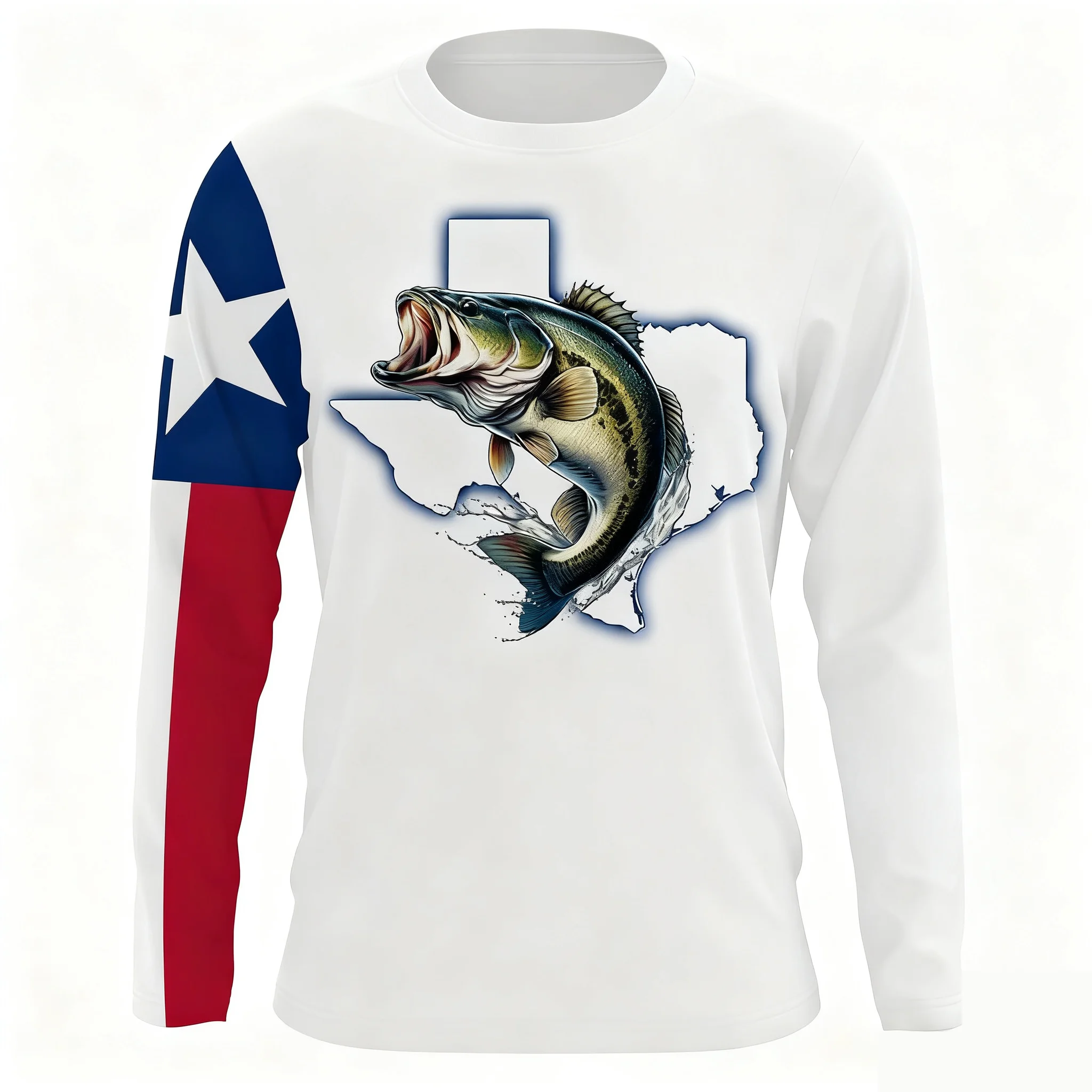 قميص تكساس باس لصيد الأسماك بعلم تكساس الوطني مع رقبة دائرية وطباعة غير رسمية. مسامية، سريعة الجفاف، ماصة للعرق