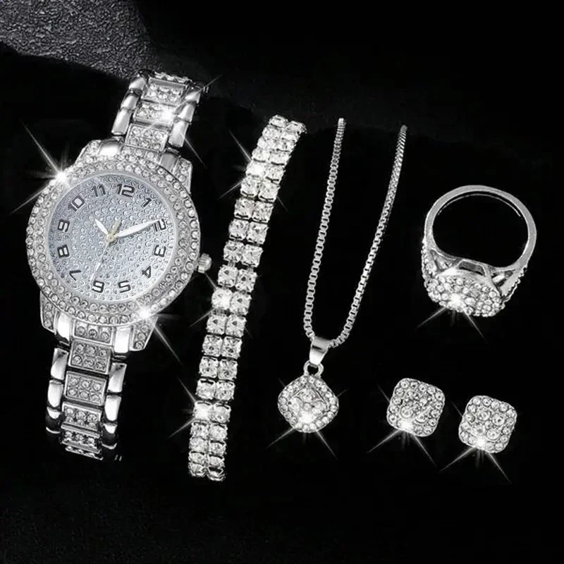 6-piece/set women's watch luxury rhinestone quartz watch hip-hop fashion watch and jewelry set, ideal choice for gifts