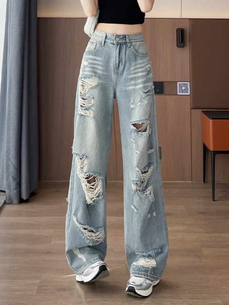 American Retro Hole-punched Jeans Women High Waist Straight-crotch Loose Slim Design High-street Vibe Wide-legged Dragging Pants