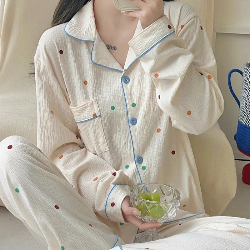 Autumn Wave-point Love Pajamas Set Women's Home Clothes Spring Cardigan Long Sleeve Trousers Sets Two-piece Pyjama Pour Femme