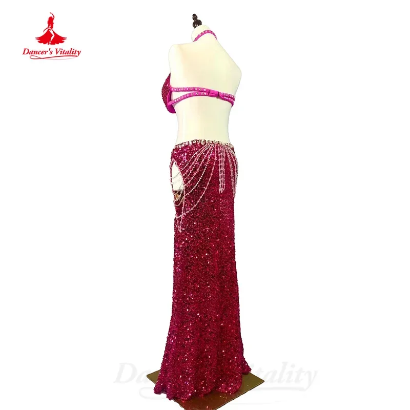 BellyDance-Costume de Luxe Personnalisé avec Soutien-Gorge et Jupe Longue à Paillettes, Vêtements de Performance Professionnelle