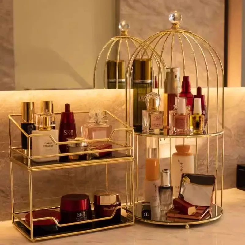 Rotating Birdcage Organizer Rack, Thickened Cosmetic Storage Box, Bathroom Vanity Display Shelf, Elegant Desktop Makeup Holder