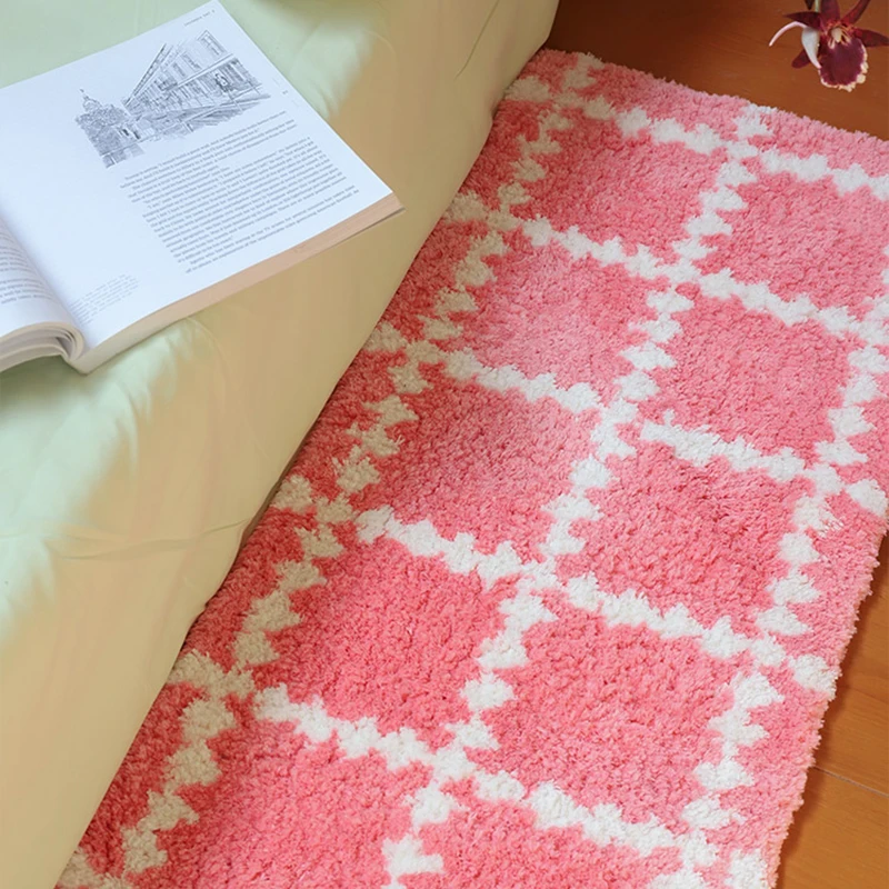 Pink Tufting Grids Bedroom Mat Long Living Room Carpet Anti Slip Bedside Rug Floor Pad Aesthetic Home Tidy Decor 40x120cm