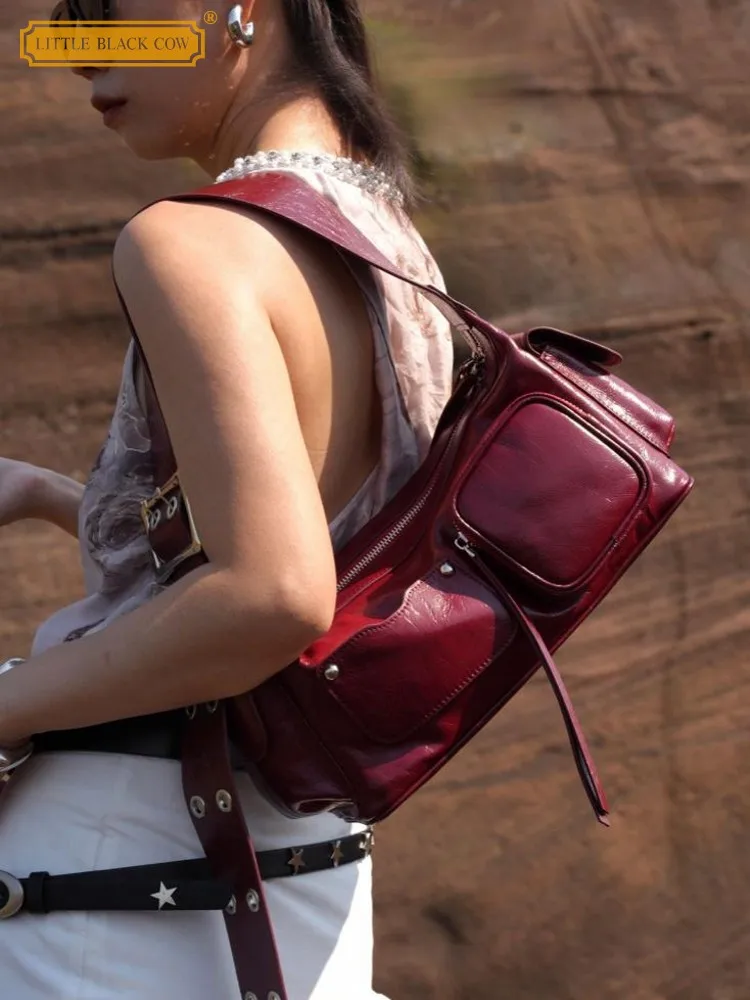 

Винтажные женские сумки из воловьей кожи на молнии с несколькими карманами, дорожные сумки с ремешком, сумка через плечо, подмышками, мотоциклетная сумка