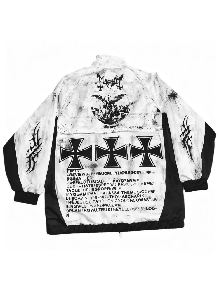 Y2K Gothic Punk Vintage Washed Distressed Tie Dye Jacket Women Color Block Cross Tribal Print Loose Fit Streetwear Casual Outfit
