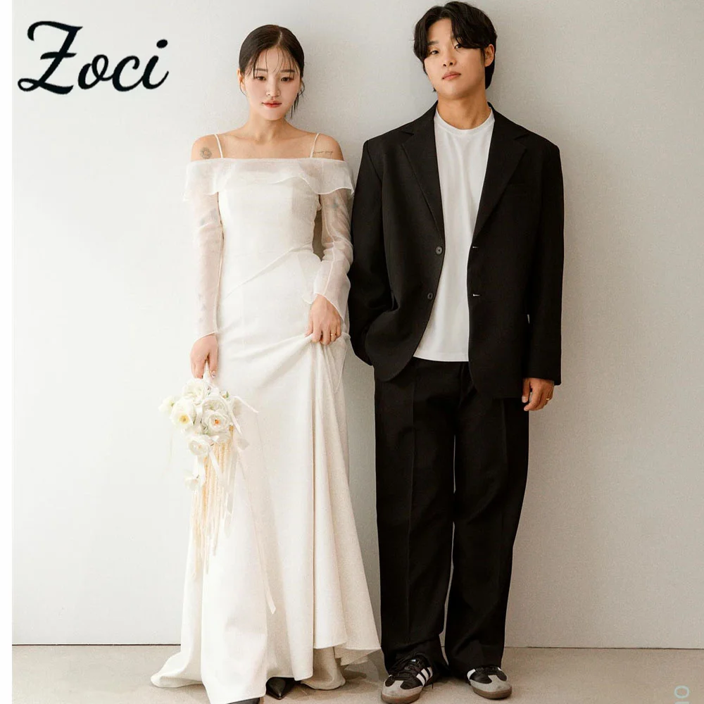 

Zoci Boat Neck Spaghetti Straps Korea Wedding Dresses Customized Mermaid Long Sleeve Bride Dress Photos Shoot Reception Gown