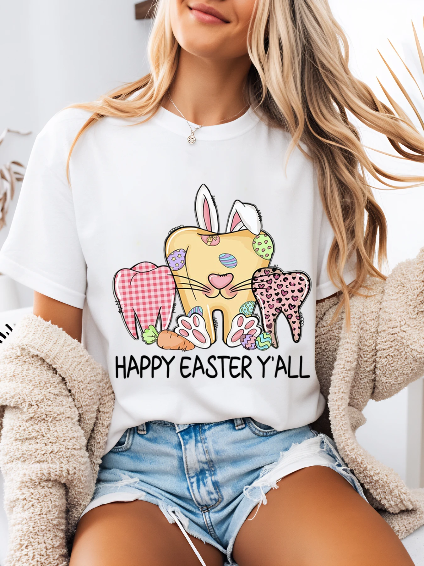 부활절 토끼 이빨 디자인 해피 이스터 프린트 티셔츠 봄 축제 여성 캐주얼 의상 화이트 플러스 사이즈