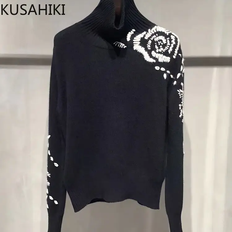 KUSAHIKI Autumn Winter Turtleneck Sweaters Women 2023 New Pull Femme Chic Rose Flower Embroidery Long Slevee Pullover Knitwear