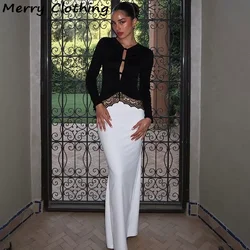 Elegant Splicing Lace Satin Maxi Dress Women Sexy Front Hollow Out Long Sleeves Slimming Long Skirts 2026 NEW Lady Party Dresses