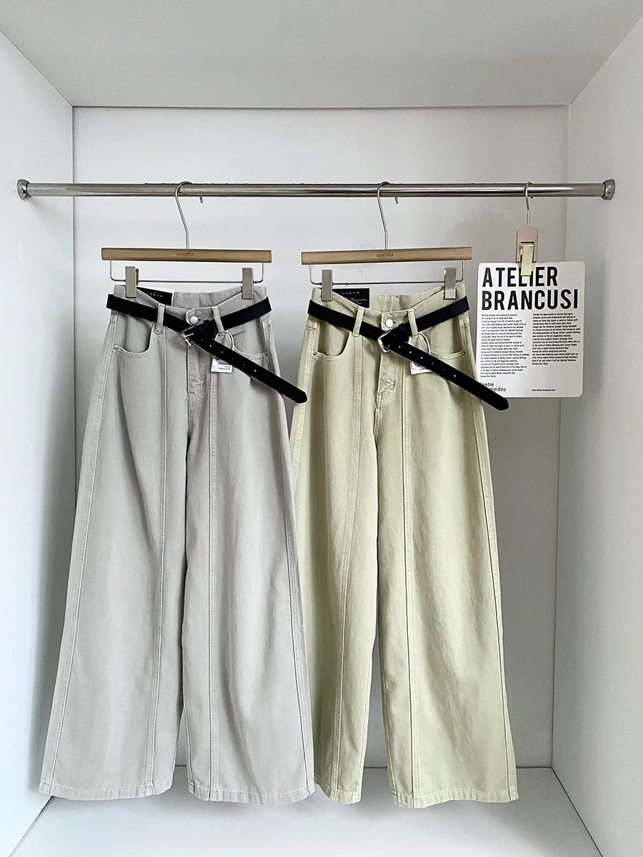 

High Waist Wide Leg Jeans Women's Spring Versatile Slimming Casual Loose Straight Floor-Length Pants Commute Pure Color