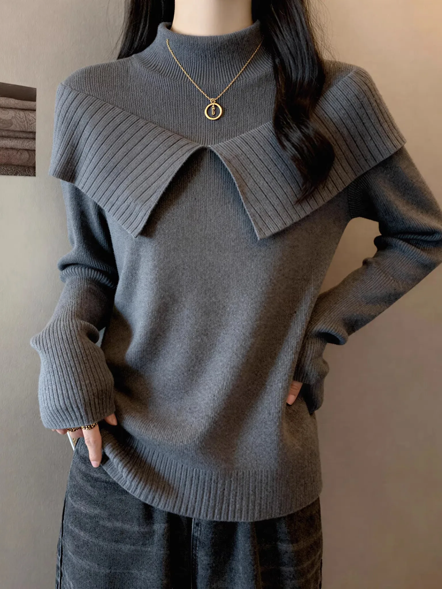 

Женский вязаный топ с длинным рукавом и высоким воротником, базовый слой с кружевной отделкой, весна 2026, большие размеры, модный