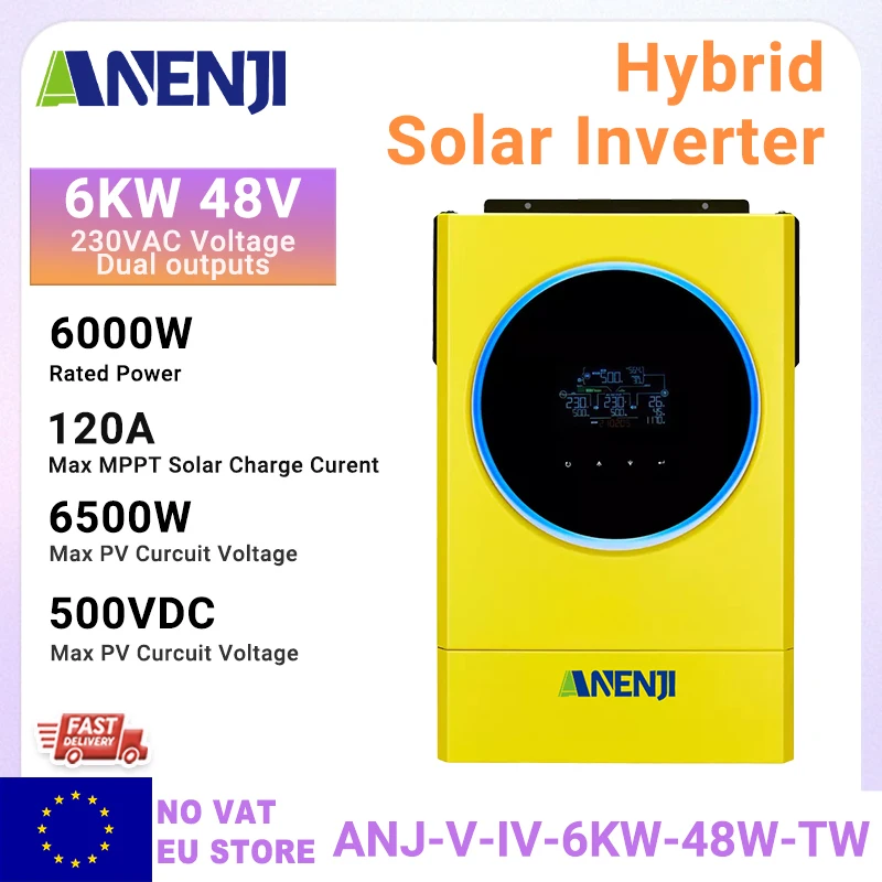 ANENJI 6KW 48V Hybrid-Netzgekoppelter Solar-Wechselrichter 230VAC Reine Sinuswelle Off-Grid Solar-Wechselrichter MPPT 120A Duale Ausgänge Eingebautes WLAN
