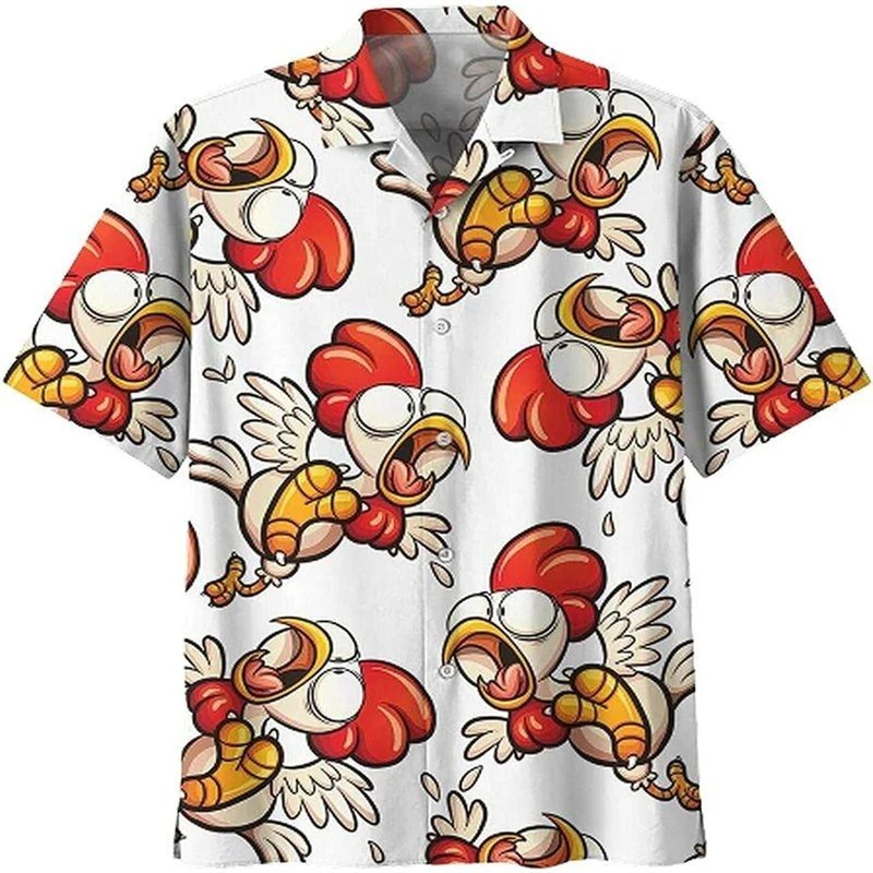 2024 Funny Rooster Beach Hawaii Shirts Casual Cartoon 3D Print Shirt Casual Short Sleeve Summer Loose Tees Tops Street Clothing