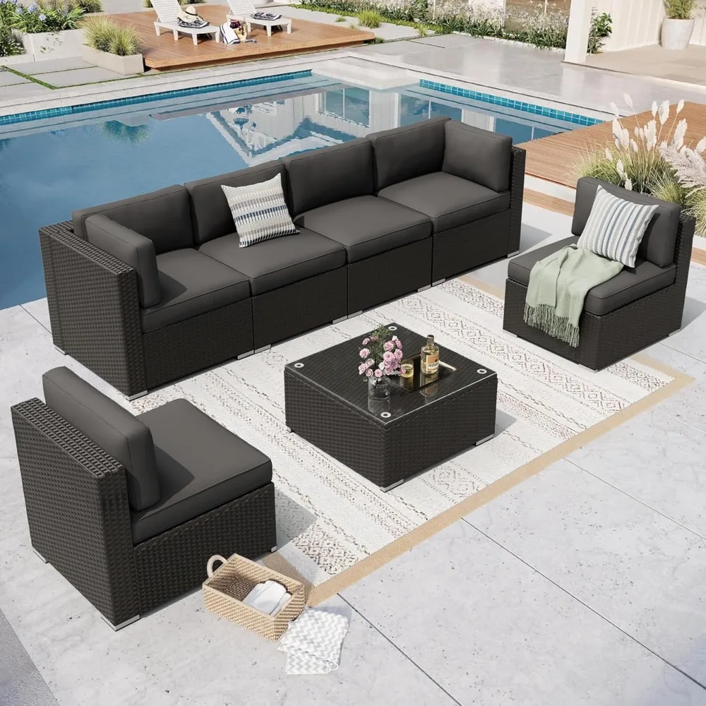 

7-Piece Patio Furniture Set, All-Weather Conversation Set, PE Wicker Rattan Outdoor Sectional Couch with Glasstop Table