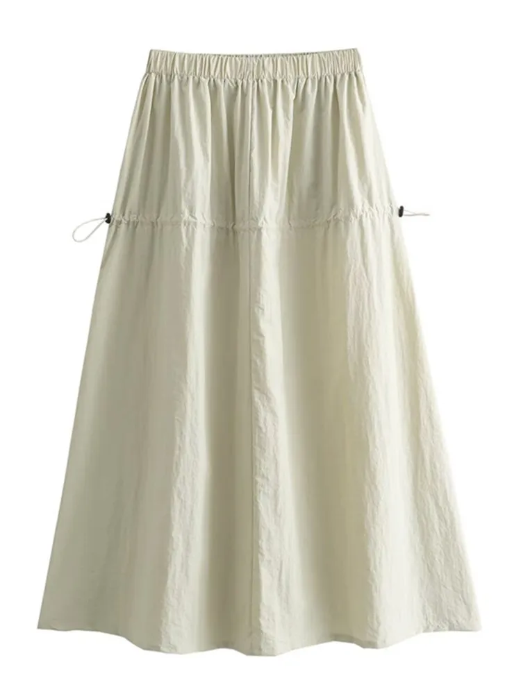 Women's Workwear-Style Long Skirt Made Of Quick-Drying Fabric. Drawstring Elastic Waist Letter A-Shaped Skirt With Large Hem