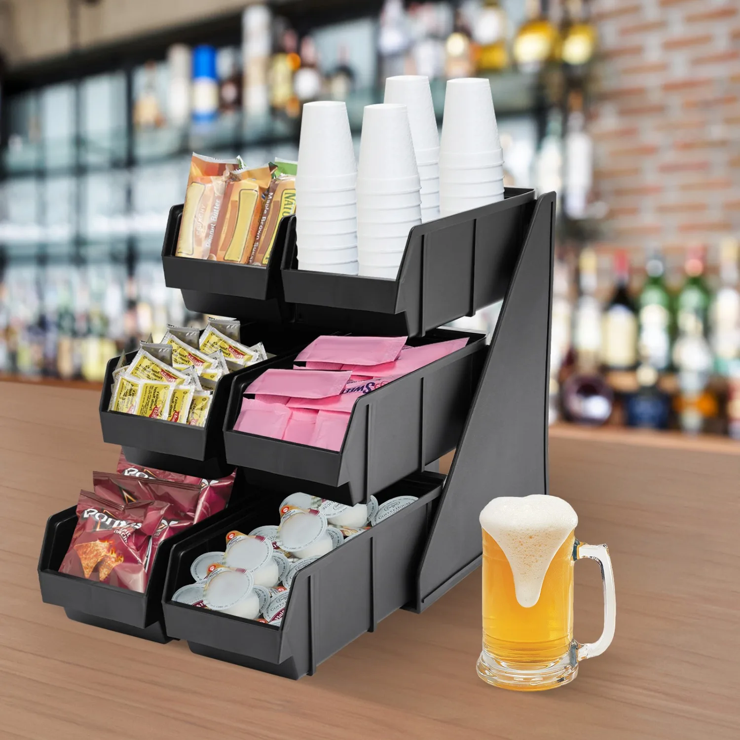 3-Tier Coffee Condiment Organizer, Serve Condiment Bin, Self Serve Condiment Bin Stand for Coffee, Bar, Kitchen, Restaurant