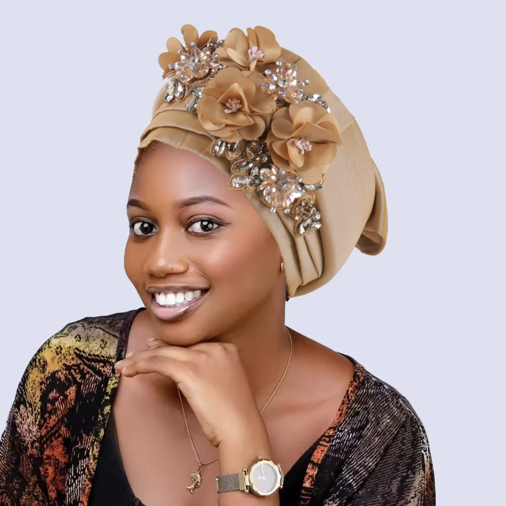 

Luxury Rhinstones Flower African Headtie Turban Cap Already Made Wedding Geles Bonnet Female Head Wraps Caps Turbante Mujer