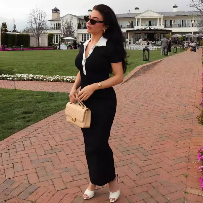 

2024Turn-down Collar Slim Fit Elegant Patchwork Color-blocking Bodycon Short Sleeve Long Knitted Dress for Women