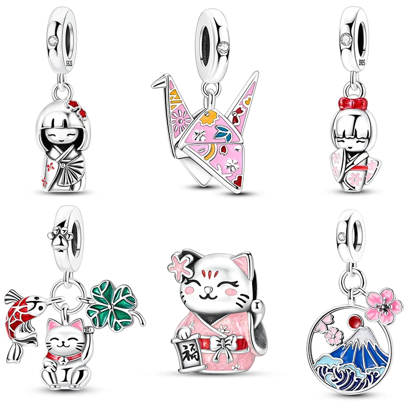925 Sterling Silber Japanische Kultur Charms Perle Kimono-Mädchen Glückskatze Papierkranich Anhänger Passend für Original-Armband DIY Schmuck