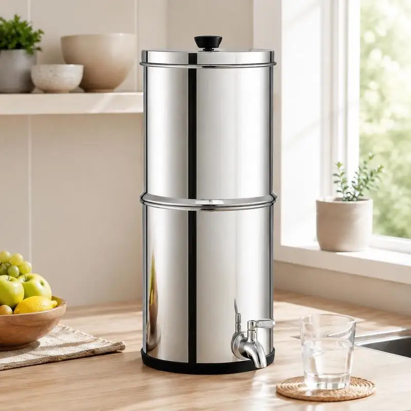 Système de filtration d'eau par gravité, système de comptoir en acier inoxydable, capacité de 7L + 8,5L, réduit le plomb et jusqu'à 99% du chlore, avec 2 filtres à charbon et robinet, pour le camping, les camping-cars et l'usage domestique
