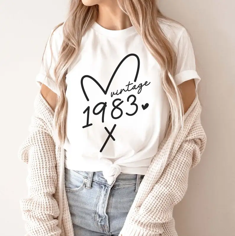 40th Birthday Vintage 1983 Heart Forty birthday gift Adult Short Sleeve Top Tees O Neck Fashion 100% Cotton Streetwear goth y2k