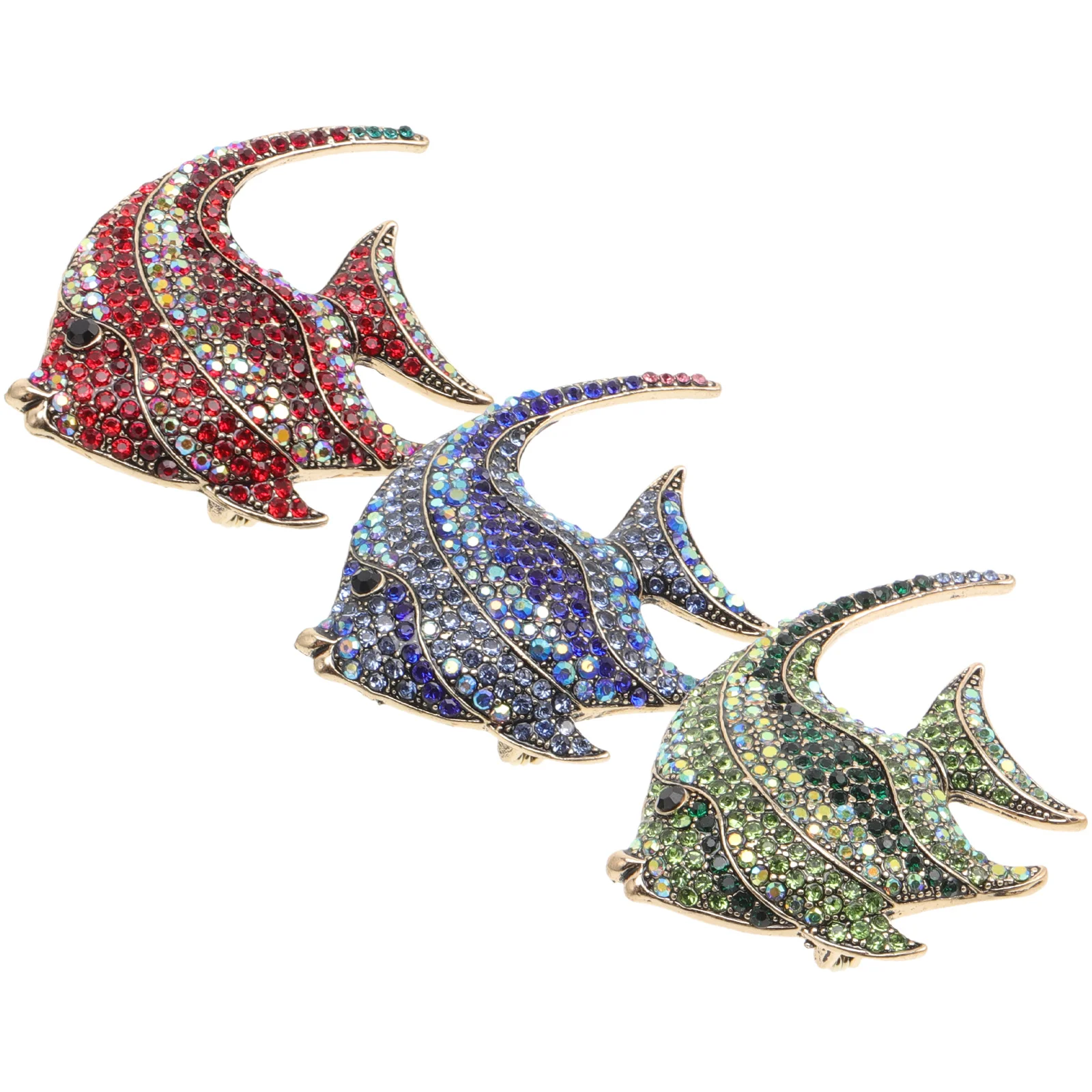 

3pcs Tropical Fish Brooch Alloy Diamond Breastpin Red Blue Green Fine Workmanship Creative Design For Women Men Clothes Decor