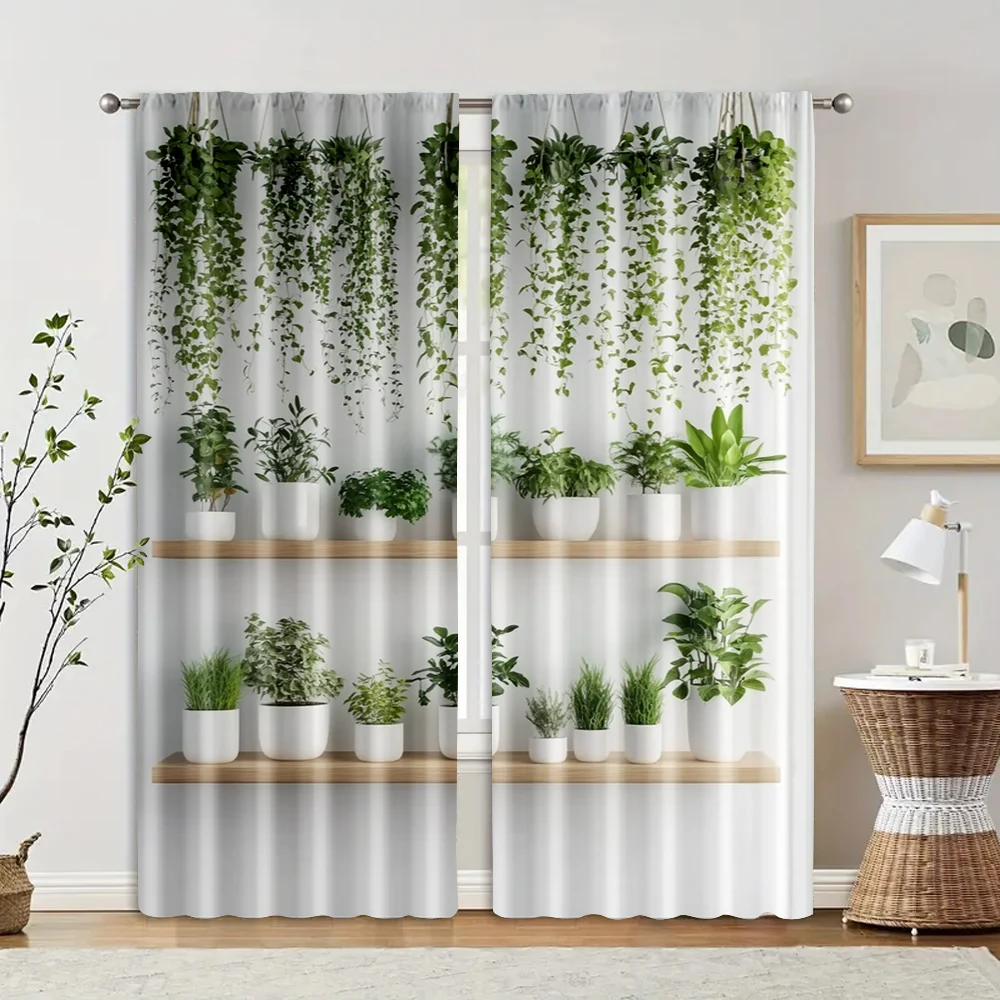 2pcs Green Plant Print Curtains Potted Plants on Shelves Pattern Natural Style Polyester Window Drapes for Living Room Decor