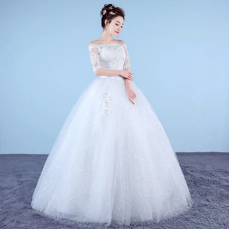 XXN-057#2026 New White Wedding Dress Bridal French Off Shoulder Middle Sleeve Palace Ball Gown Embroidery Lace Up Wholesale