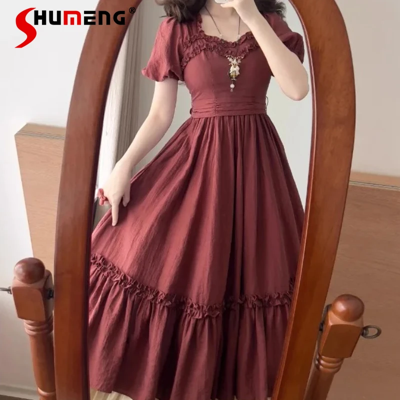 

French Style Elegant Square Neck Lotus Leaf Dress Women's High-waisted Slimming Long Dresses Beautiful Kawaii Vestidos De Mujer