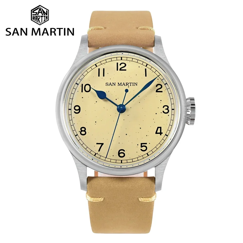 San Martin SN0105-G 38.5mm Men Watch NH35 Movement Mechanical Vintage Pilot Simple Baked Varnish Blue Hands 10Bar Wristwatch