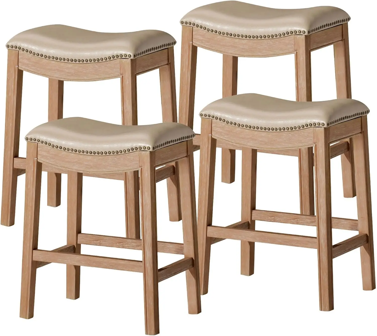 

Backless Counter Stool Set of 4 – 26' – Saddle Design with Footrest – Brown Wood Frame & Beige Faux