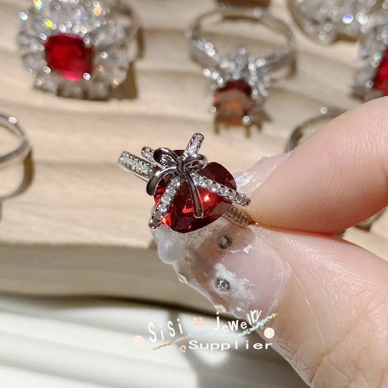 New Adjustable Bright Butterfly Red  White Bicolor Zircon Ring for Women\'s Wedding Dance Senior Jewelry Valentine\'s Day Gift