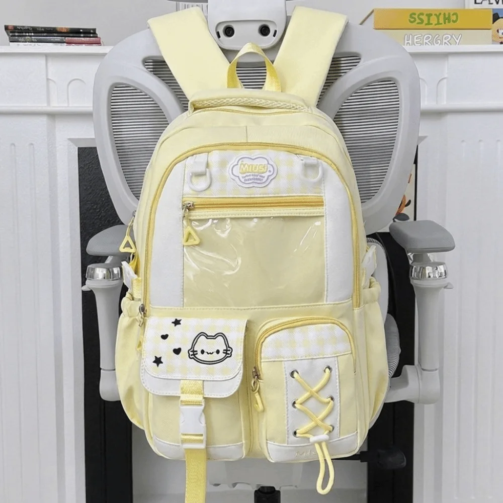 Preppy Style Multi-Compartment School Backpack Large Capacity Lightweight Rucksack Zipper Multi-Pocket Plaid Color Block Daypack